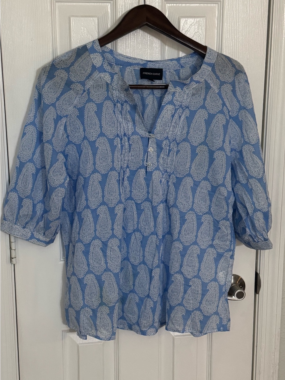 French Curve Light Blue Paisley Split-Neck Blouse